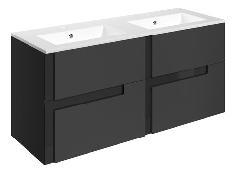Distinct 1210mm Wall Hung 4 Drawer Basin Unit & 2TH White Basin - Matt Black & Glass