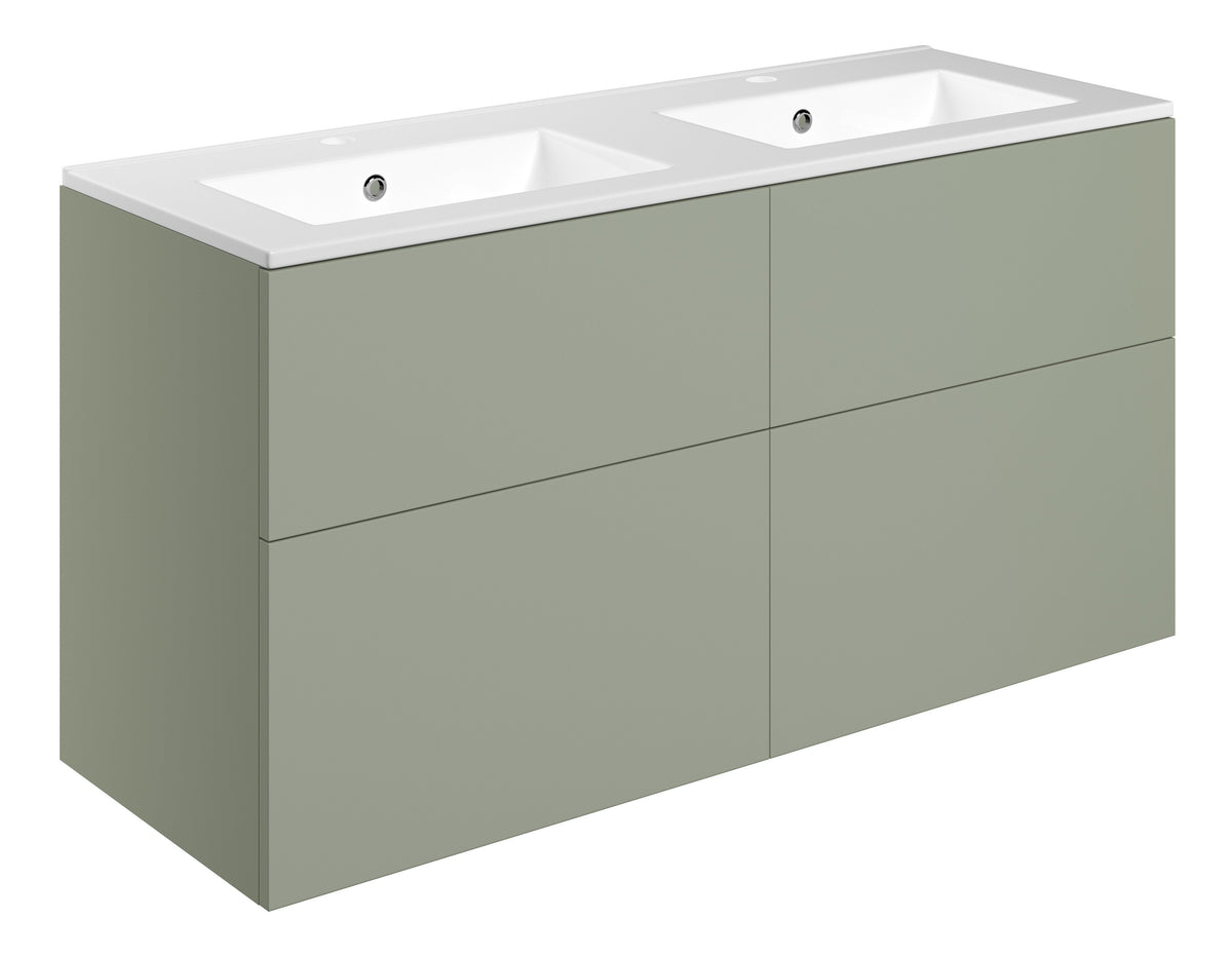 Stour 1210mm Wall Hung 4 Drawer Basin Unit & 2TH Basin - Matt Olive Green