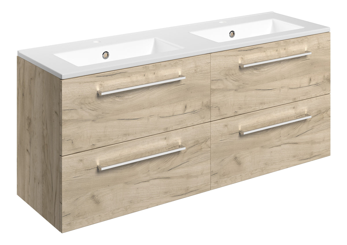 Volga 1210mm Wall Hung 4 Drawer Basin Unit & 2TH Thin Edge Basin - Oak