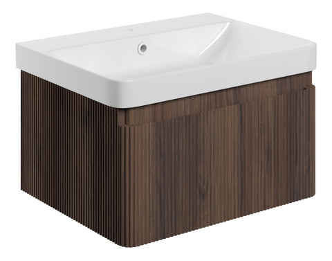Kubes 605mm Wall Hung 1 Drawer Basin Unit & Basin - Textured Walnut