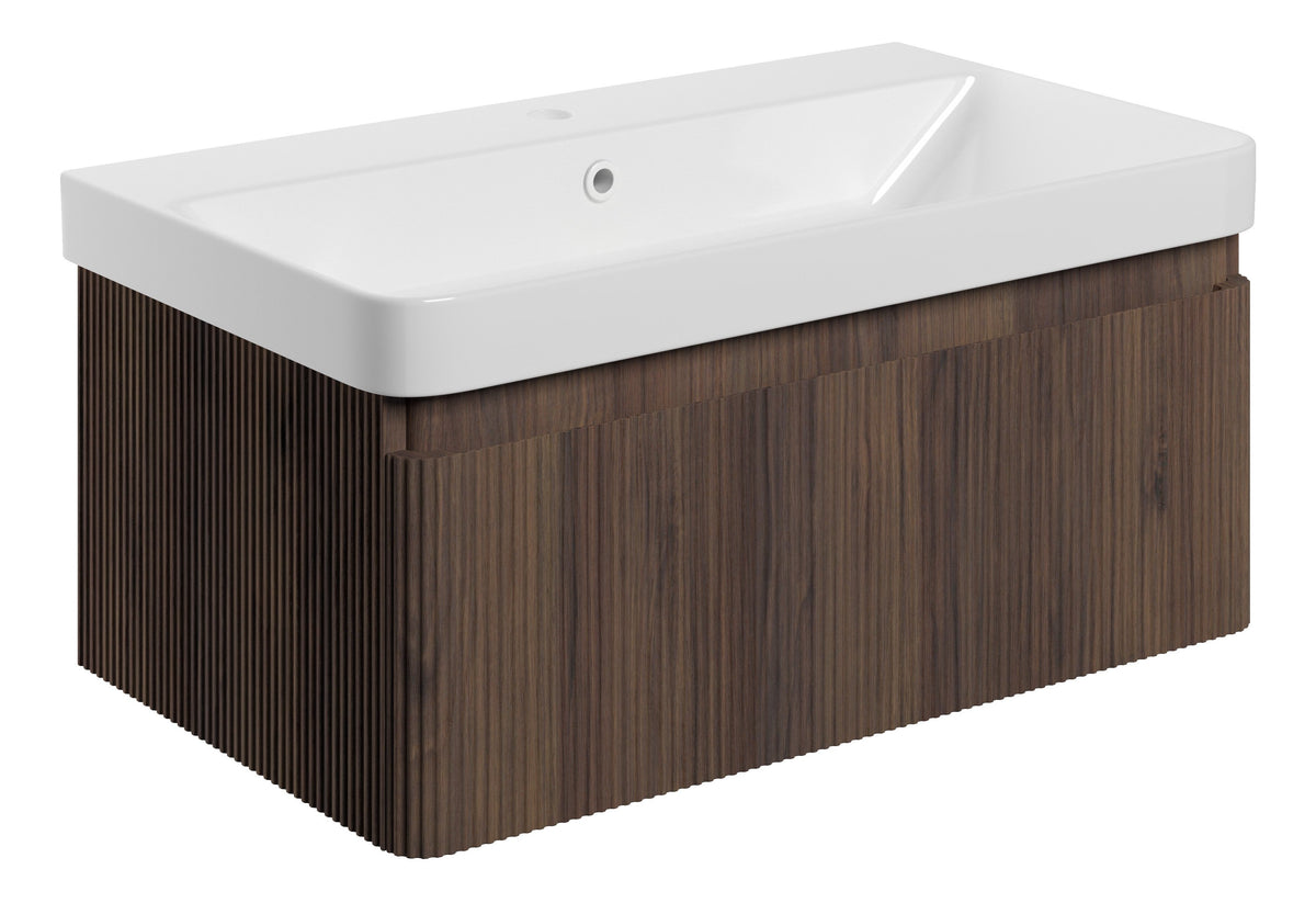Kubes 805mm Wall Hung 1 Drawer Basin Unit & Basin - Textured Walnut