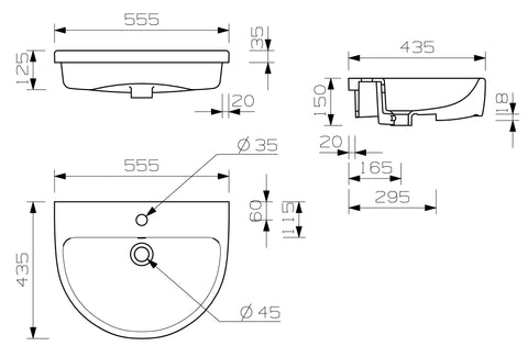Cliff 555x435mm 1TH Semi Recessed Basin