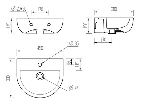 Tus 450x400mm 1TH Cloakroom Basin & Black Bottle Trap