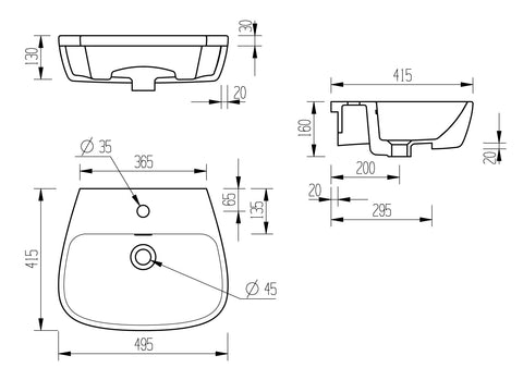 Amazon 495x415mm 1TH Semi Recessed Basin