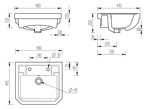 Sherford 495x445mm 2TH Semi Recessed Basin