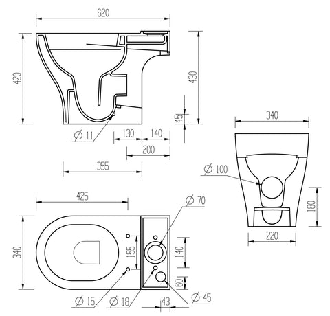 Liver Rimless Short Projection Close Coupled Open Back WC & Soft Close Seat