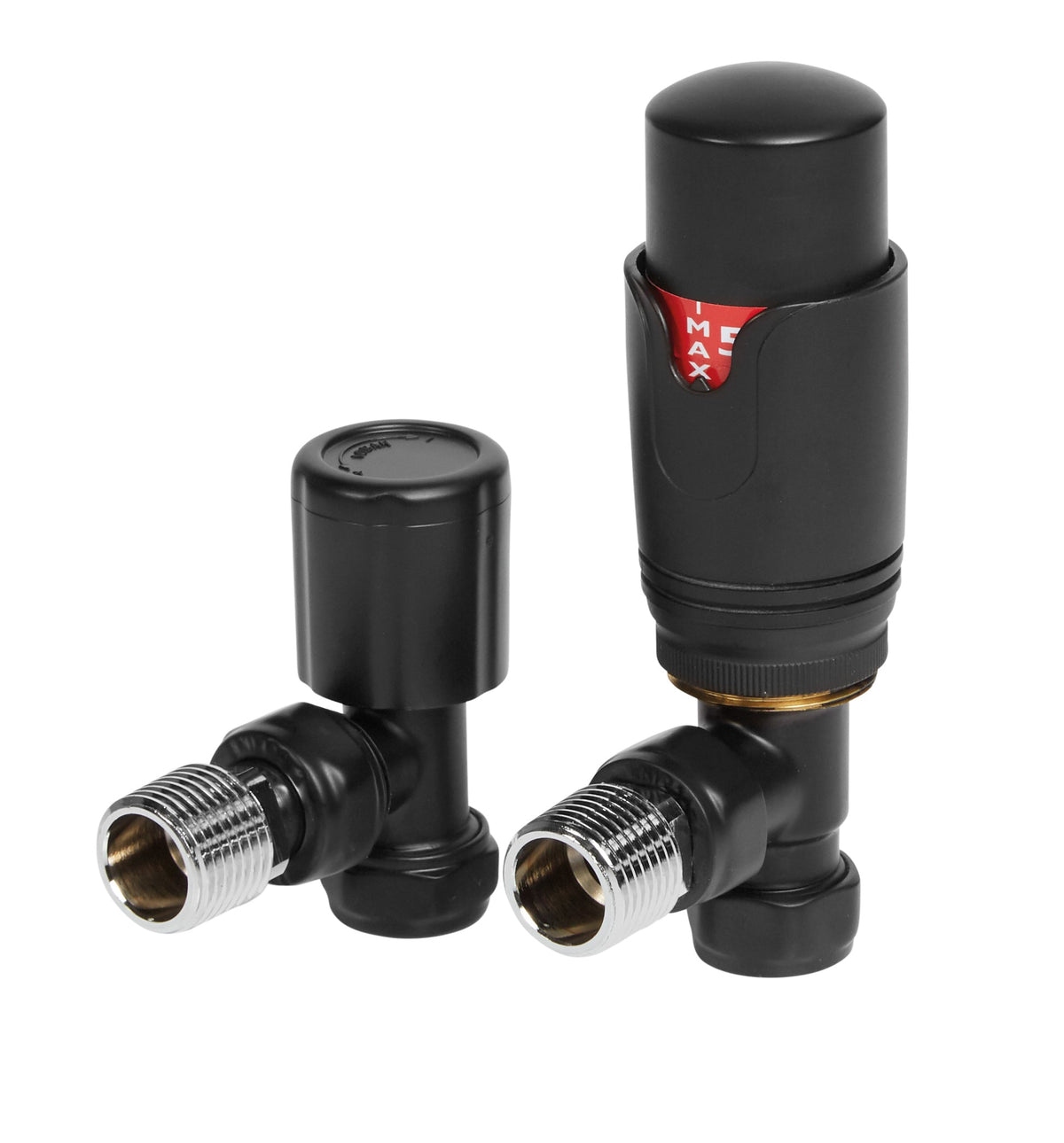 Round Thermostatic Matt Black Radiator Valves - Angled
