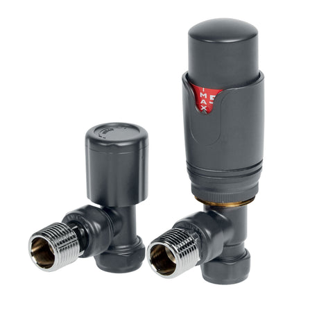 Round Thermostatic Anthracite Radiator Valves - Angled
