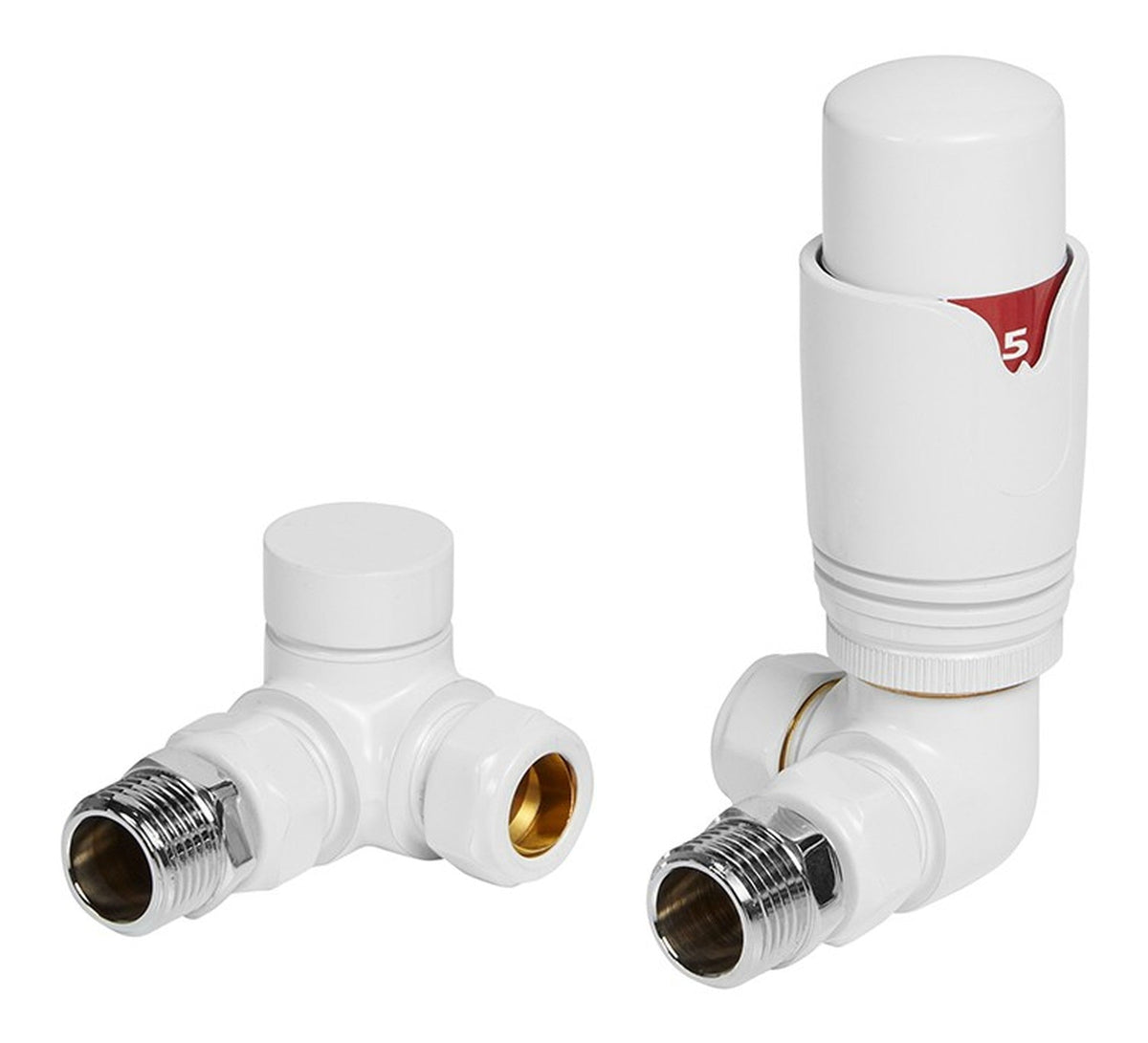 Round Thermostatic White Radiator Valves - Corner
