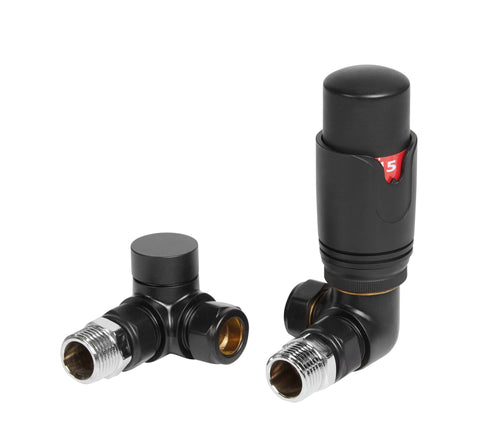Round Thermostatic Matt Black Radiator Valves - Corner