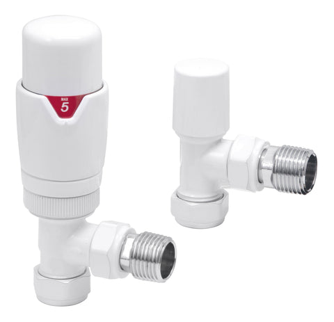 Round Thermostatic White Radiator Valves - Angled