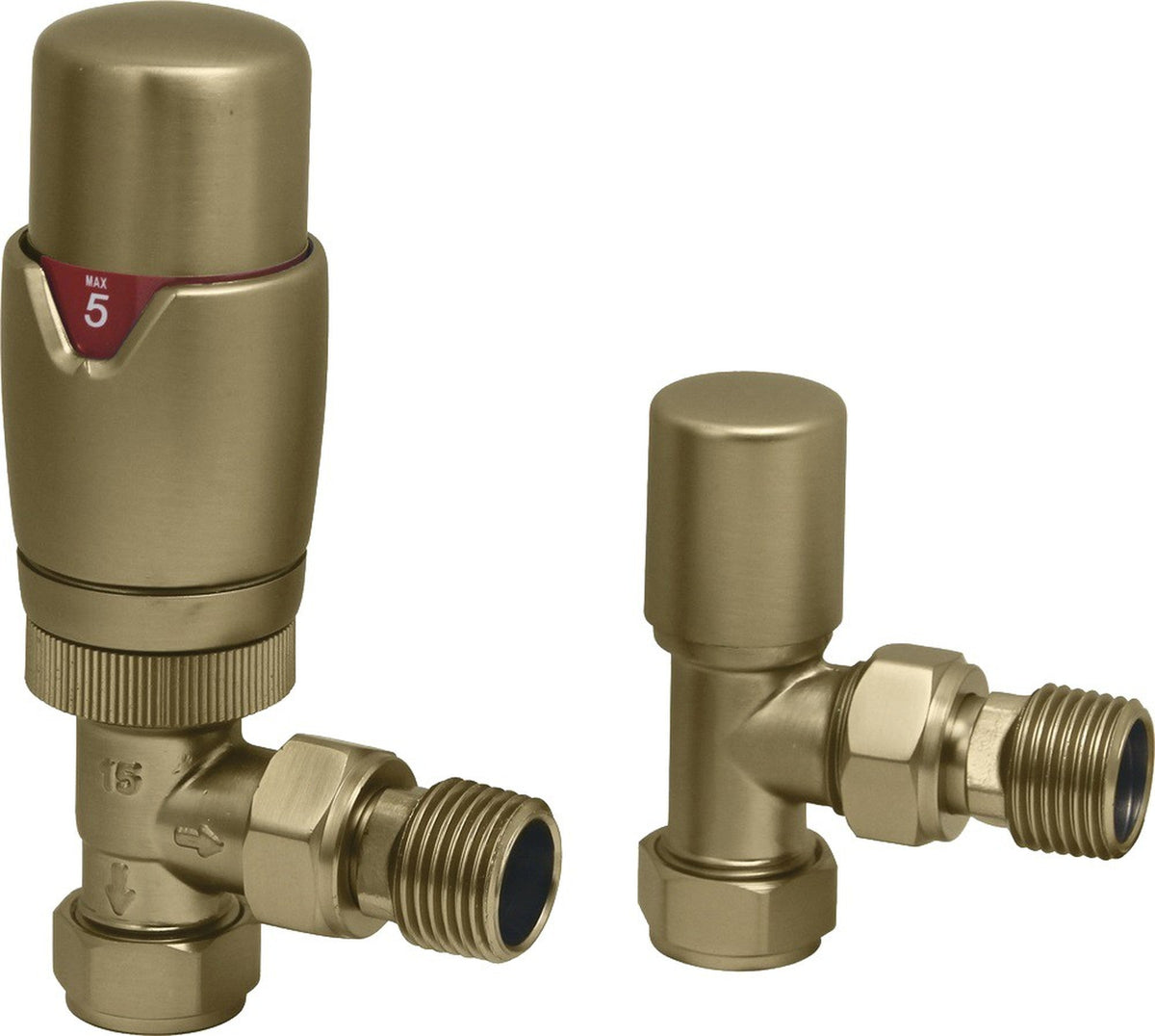 Round Thermostatic Brushed Brass Radiator Valves - Angled