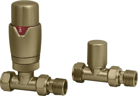 Round Thermostatic Brushed Brass Radiator Valves - Straight