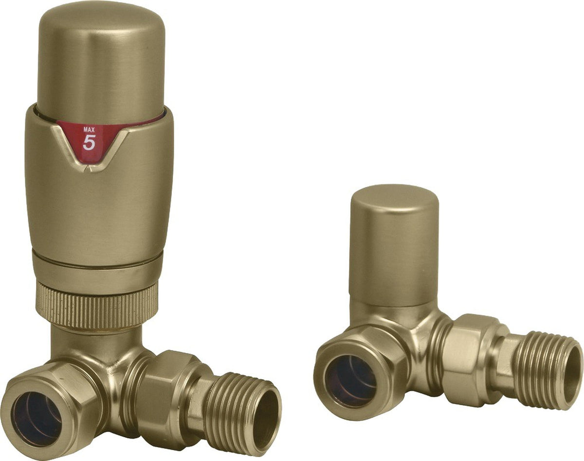 Round Thermostatic Brushed Brass Radiator Valves - Corner