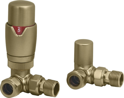 Round Thermostatic Brushed Brass Radiator Valves - Corner