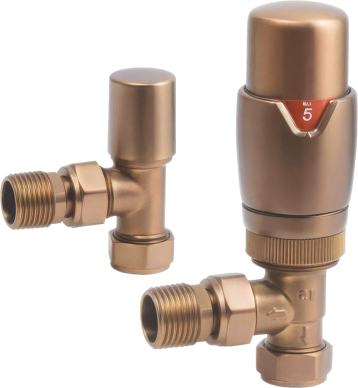 Round Thermostatic Brushed Bronze Radiator Valves - Angled
