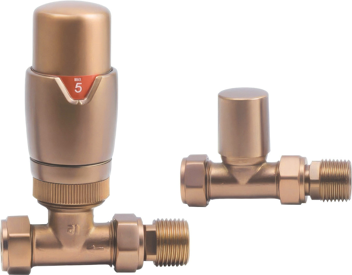 Round Thermostatic Brushed Bronze Radiator Valves - Straight