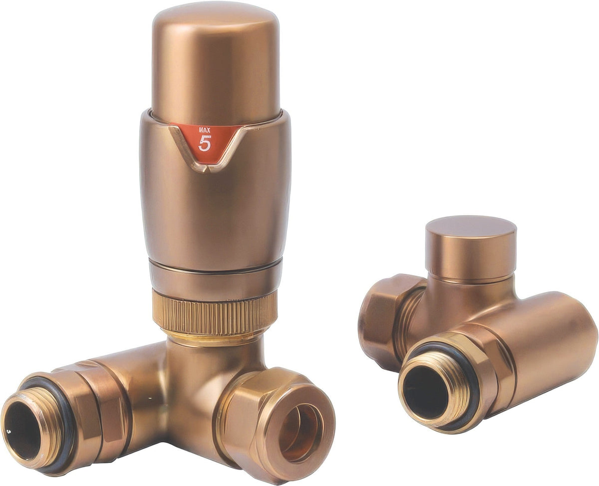 Round Thermostatic Brushed Bronze Radiator Valves - Corner