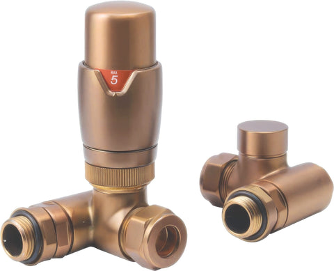 Round Thermostatic Brushed Bronze Radiator Valves - Corner