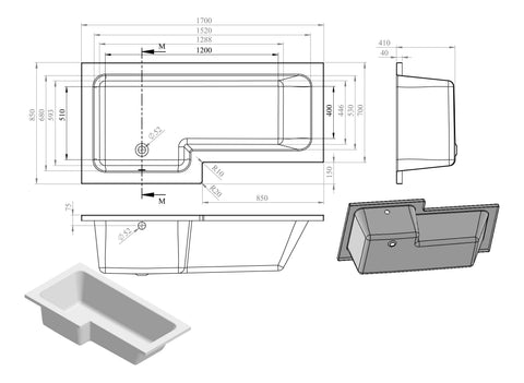 L-Shape Single End 1700x700-850x410mm 0TH Bath Only (LH)