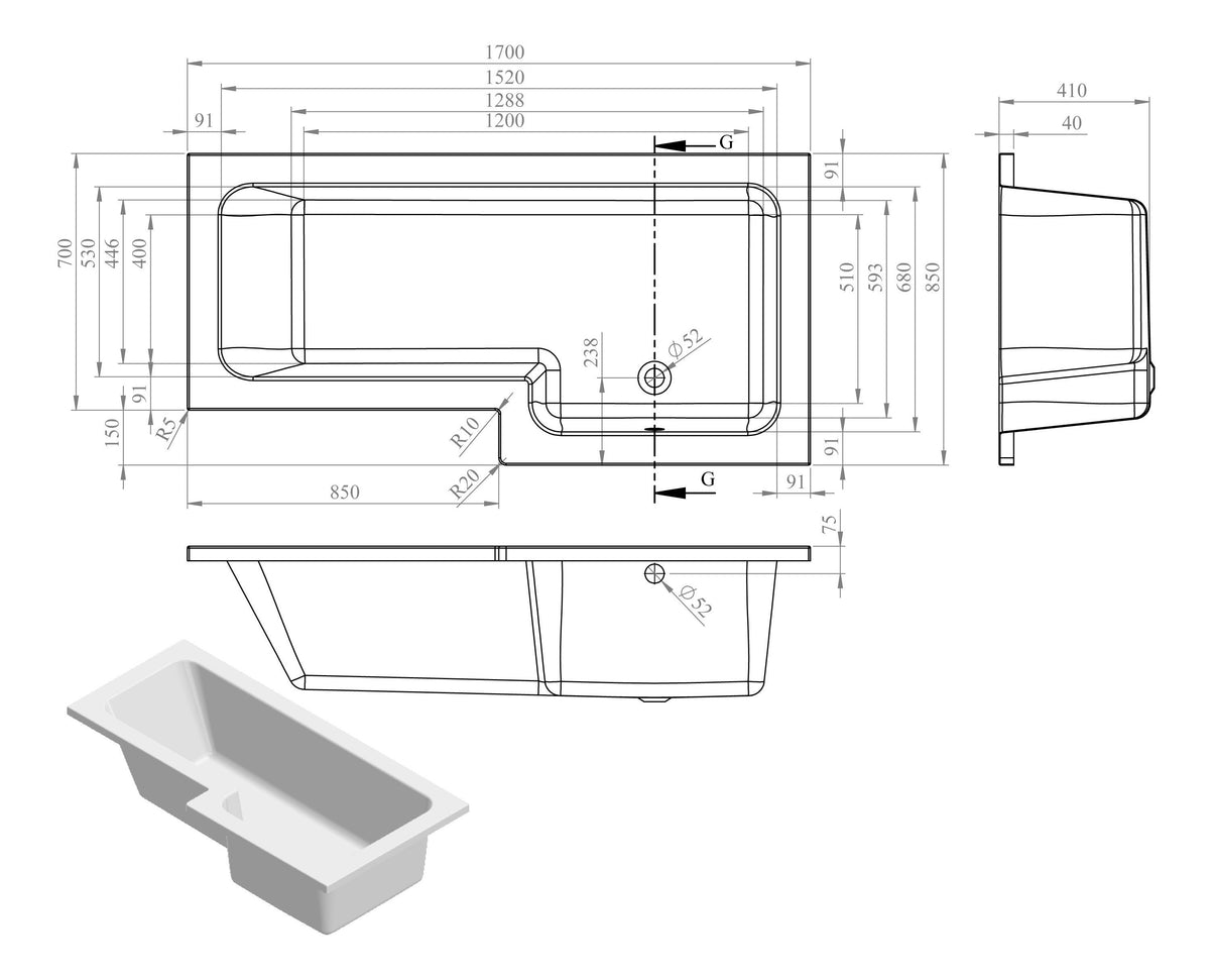 L-Shape Single End 1700x700-850x410mm 0TH Bath Only (RH)