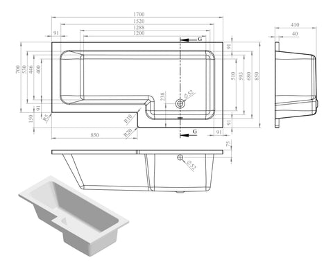 L-Shape Single End 1700x700-850x410mm 0TH Bath Only (RH)