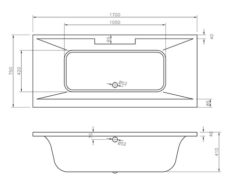 Molalla Deluxe Square Double End 1700x750x550mm 0TH Bath w/Legs