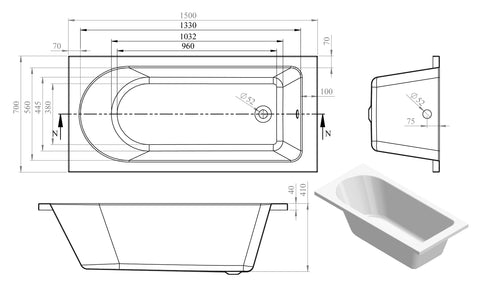 Mianus Round Single End 1500x700x550mm 0TH Bath w/Legs