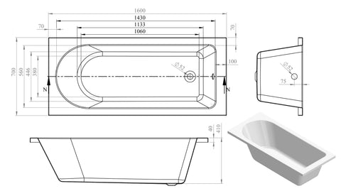Mianus Round Single End SUPERCAST 1600x700x550mm 0TH Bath w/Legs