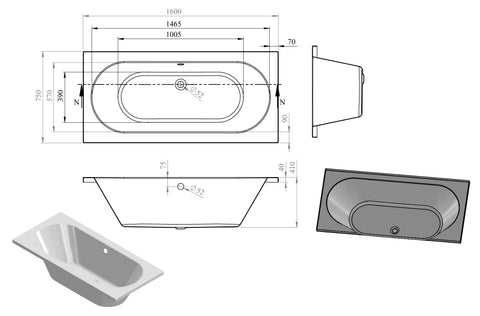 Mianus Round Double End 1600x750x550mm 0TH Bath w/Legs