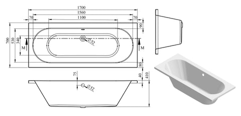Mianus Round Double End 1700x700x550mm 0TH Bath w/Legs