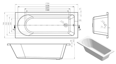 Mianus Round Single End SUPERCAST 1700x700x550mm 0TH Bath w/Legs