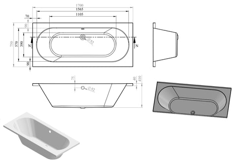 Mianus Round Double End 1700x750x550mm 0TH Bath w/Legs