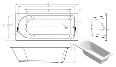 Mianus Round Single End SUPERCAST 1700x750x550mm 0TH Bath w/Legs