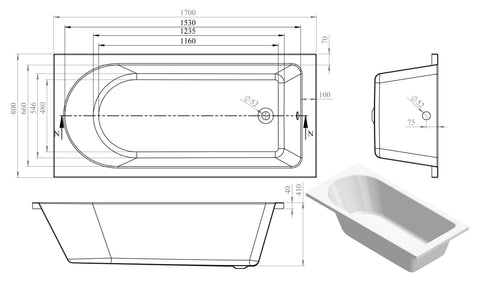 Mianus Round Single End 1700x800x550mm 0TH Bath w/Legs