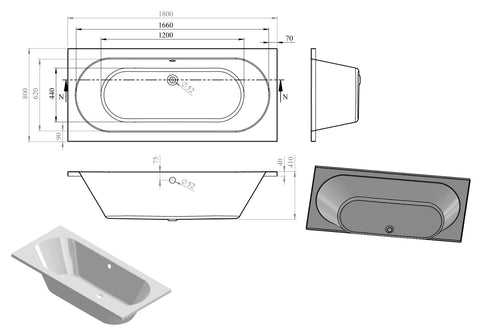 Mianus Round Double End SUPERCAST 1800x800x550mm 0TH Bath w/Legs