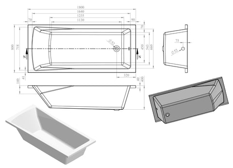 Mianus Round Single End 1800x800x550mm 0TH Bath w/Legs