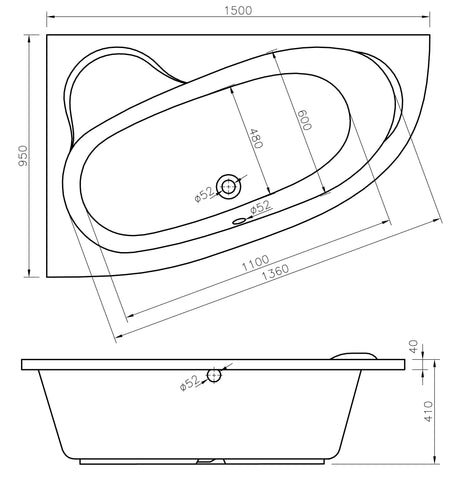 Mink 1500x950x600mm 0TH Offset Corner Bath w/Legs (LH)