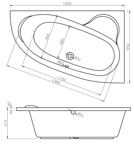 Mink 1500x950x600mm 0TH Offset Corner Bath w/Legs (RH)