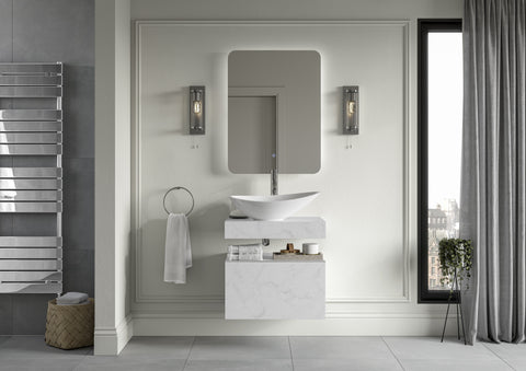 Character 800mm Wall Hung White Marble Basin Shelf & Brushed Bronze Bottle Trap