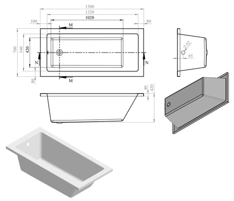 Nant Square Single End 1500x700x550mm 0TH Bath w/Legs
