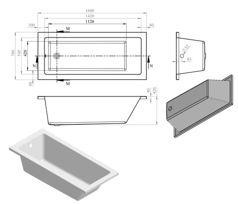 Nant Square Single End 1600x700x550mm 0TH Bath w/Legs