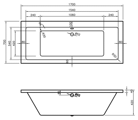 Nant Square Double End 1700x700x550mm 0TH Bath w/Legs