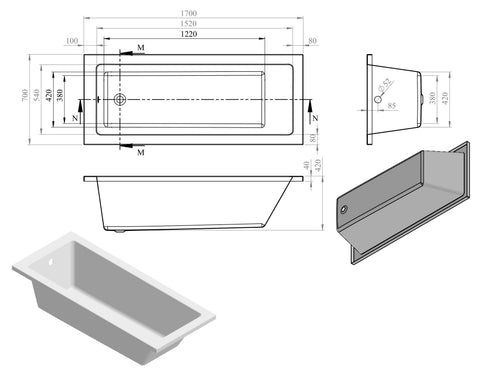 Nant Square Single End SUPERCAST 1700x700x550mm 0TH Bath w/Legs