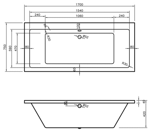 Nant Square Double End 1700x750x550mm 0TH Bath w/Legs