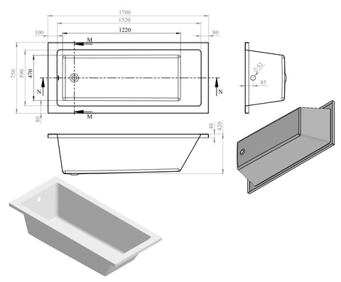 Nant Square Single End 1700x750x550mm 0TH Bath w/Legs