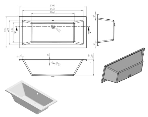 Nant Square Double End 1700x800x550mm 0TH Bath w/Legs