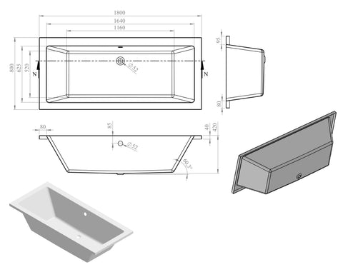 Nant Square Double End 1800x800x550mm 0TH Bath w/Legs