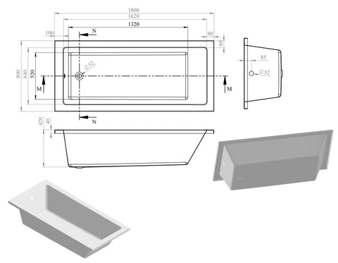 Nant Square Single End 1800x800x550mm 0TH Bath w/Legs