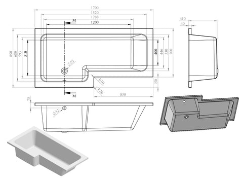 L-Shape 1700x700-850x410mm 0TH Shower Bath  Panel & Screen (LH)